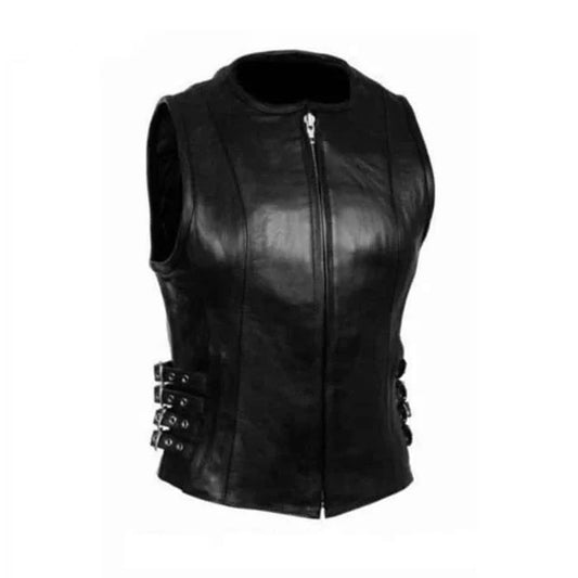 Ladies Soft Black Real Lambskin Leather Bikers 4 Side waist buckles Waistcoat Vest W6