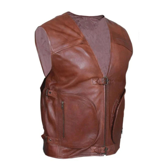 Brown Mens Real Leather Gilet Biker Cut Waistcoat Vest Most Sizes VEST