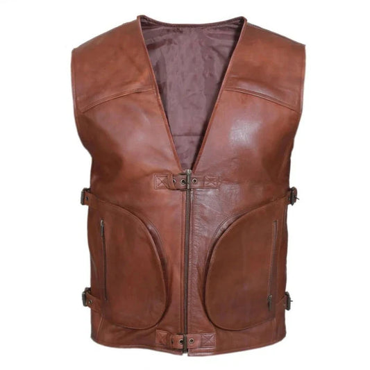 Brown Mens Real Leather Gilet Biker Cut Waistcoat Vest Most Sizes VEST